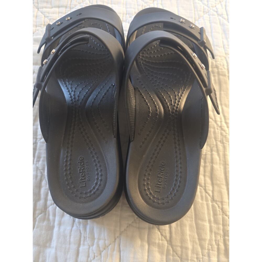 Crocs Womens Brooklyn Buckle Black Double Strap Wedge Slide Sandals Size 6 heel - Picture 5 of 15